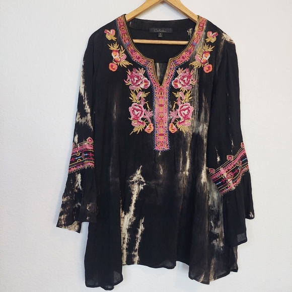 Calessa Tops - Calessa Floral Embroidered Bleached Tie DyeTop Size 1X‎
